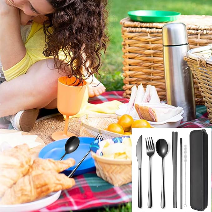 AARAINBOW 6 Pieces 18/8 Stainless Steel Flatware Set Portable Reusable Cutlery Set Travel Utensils Set Including Chopsticks Knife Fork Spoon Straws Cleaning Brush Dishwasher Safe (Black)