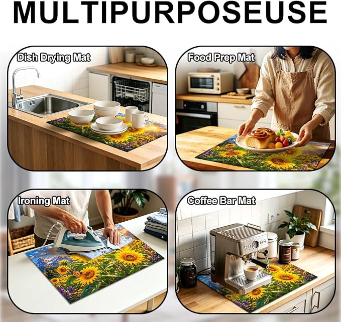Sunflower Butterfly Stove Top Cover for Electric Stove, 28x20 In | Heat-resistant non-slip mat holds hot cookware; glass cooktop protector, dish drying, ironing pad; farmhouse kitchen decor
