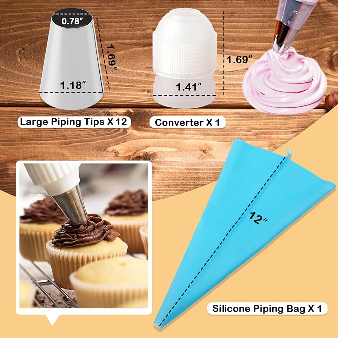 12PCS Large Piping Tips Set with Pastry Bag – for Cookie, Cake & Cupcake