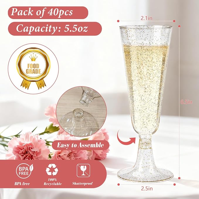 GuanQiao 40 Pack Plastic Champagne Flutes, 5.5 OZ Disposable Plastic Champagne Glasses with Gold Glitter, Wine Glasses Cups for Wedding Celebration Party Wine Tasting New Years Eve Supplies