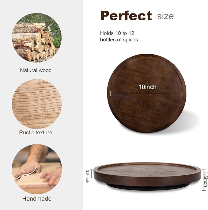 Wood Lazy Susan Organizer Kitchen Turntable for Cabinet Farmhouse Bathroom Decor Round Decorative Tray for Vanity, Counter, Sink, Coffee Table, 10 Inch, Walnut | waterpoof, East clean, Non-slip, Pantry Table Decorative Tray for condiment, spice
