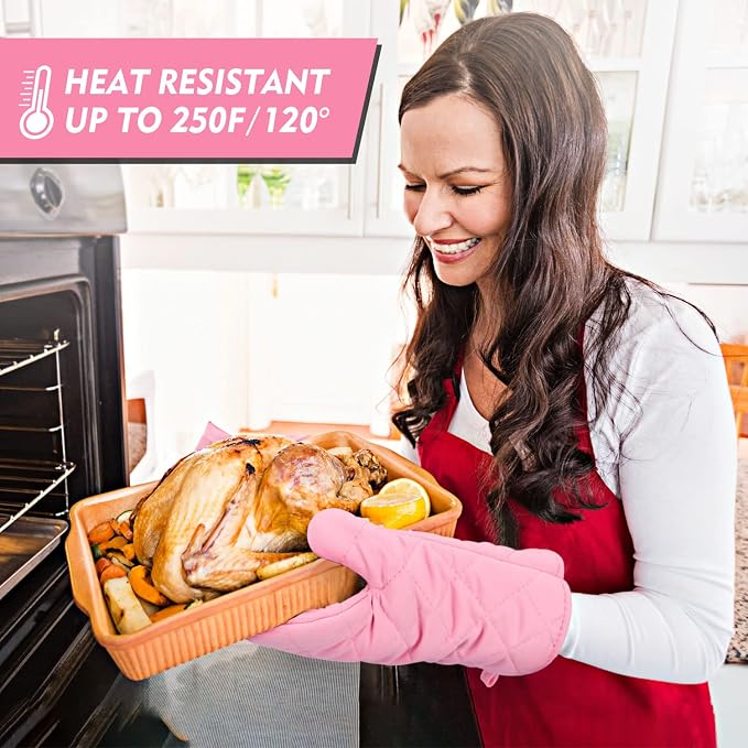 Heat Resistant Thick Cotton Oven Mitts Set, 11 Inch, Pink | Soft Quilted Lining, Strong Grip Potholders for Hot Pans and Oven, Kitchen Mitt Pair Protect Hands, Cooking Baking BBQ Gloves