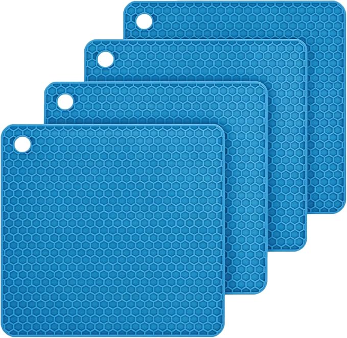 Silicone Trivet Mats 4 Pack, Heat Resistant Pot Mats for Countertops, Large Hot Pads for Kitchen Counter, Quartz Countertop Heat Protector, 7.5x7.5 Inch Square Grey Blue