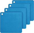 Silicone Trivet Mats 4 Pack, Heat Resistant Pot Mats for Countertops, Large Hot Pads for Kitchen Counter, Quartz Countertop Heat Protector, 7.5x7.5 Inch Square Grey Blue