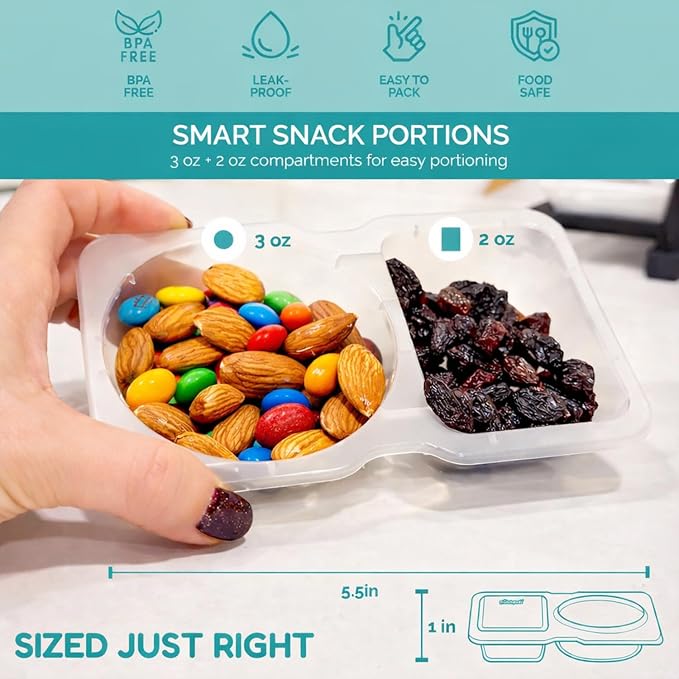 Reusable Snack Containers with Lids 50 Pack (100 Pieces) Portion control, Snack Pack Containers 2 Double Compartment Snack Containers for Kids On the Go Meals, Camping Snack Tray Prep