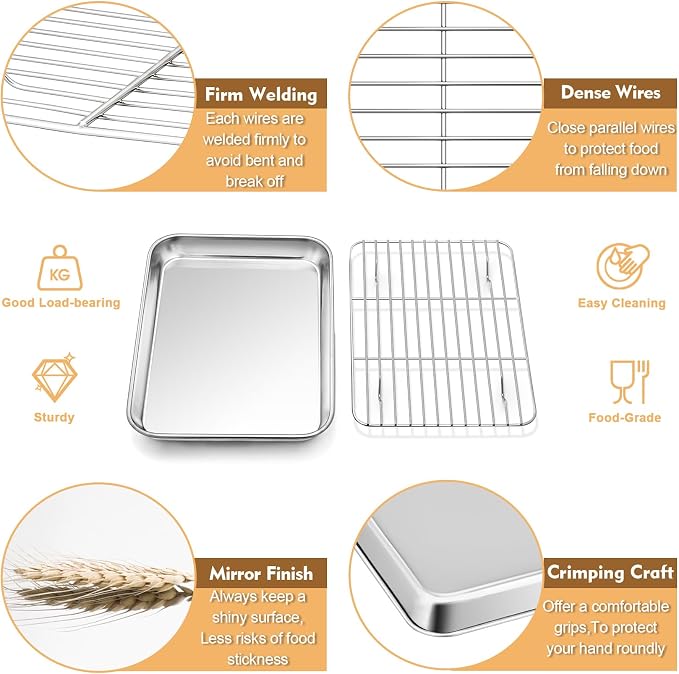 P&P CHEF 9 Inch Baking Sheet Pan Cooling Rack with Mat Set for Cookie | Stainless Steel Cookie Pan with Cooling Rack and Silicone Mat for Baking & Roasting, Oven & Dishwasher Safe, Easy Clean