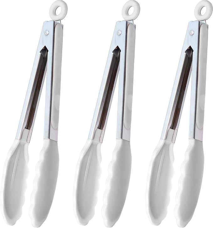 HINMAY Silicone Kitchen Tongs 9-Inch Basics Tongs, Set of 3 (White)