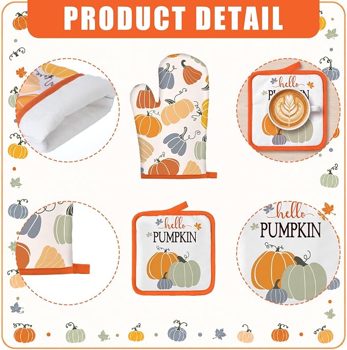 Fanfanwin 12 Pcs Fall Kitchen Decor and Accessories Set 6 Kitchen Towels 2 Pot Holders and Oven Mitts 2 Rugs Thanksgiving Towels for Baking Cooking BBQ Autumn Housewarming Gifts