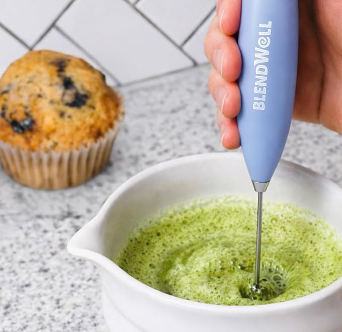 BlendWell Electric Milk Frother for Matcha and Coffee, Handheld Battery Operated Drink Mixer with Stand, Stainless Steel Whisk, Light Blue