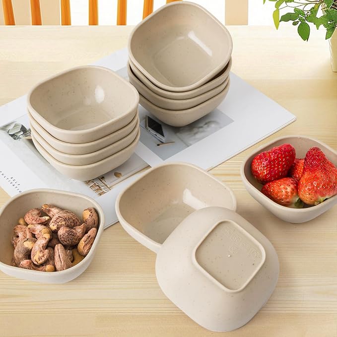 SHECIPIN 12 Pack Unbreakable Dipping Bowls, 4.5 OZ Soy Sauce Dishes,Wheat Straw Small Dessert Bowls,Small Prep Bowls，Dipping Sauce Cups, Dip Bowls for Side Dish, Snacks, BBQ，Ketchup (Beige