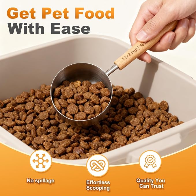 2PCS 2Cup(480ml) Dog Cat Food Scoop, Measuring Cup for Pets & Kitchen | 18/8(304) Stainless Steel, Long Wood Handle, Precise for Portion Control, Etched Scale, BPA Free, Dishwasher Safe