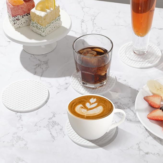 TWTLi Silicone Coasters Set of 8 with Holder — Non-Slip Drink Coasters for Coffee Table, Home Bar & Kitchen, Protects Wood & Marble Surfaces from Water Rings, Dishwasher Safe (White)