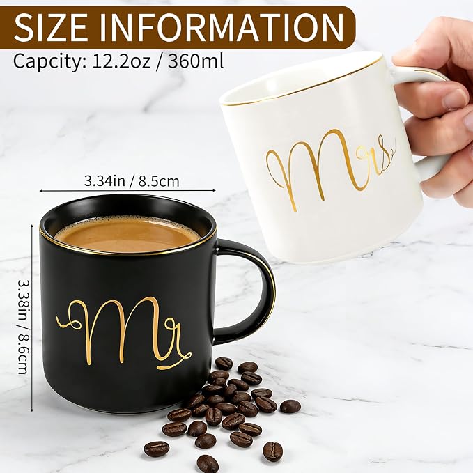 Cheardia 12 oz / 360 ml Mr. and Mrs. Mug, Ceramic Coffee Couple Mug Set | His and Hers Mugs for Bride and Groom, Anniversary, Valentines, Bridal Shower, Engagement Gifts, Black & White