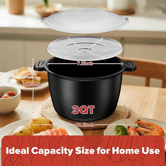 Large Microwave Cookware Steamer 3 Quart Rice Cooker for Cooking | Microwave Cooker with Food Container, Removable Filter and Lockab - BPA Free, Dishwasher Safe