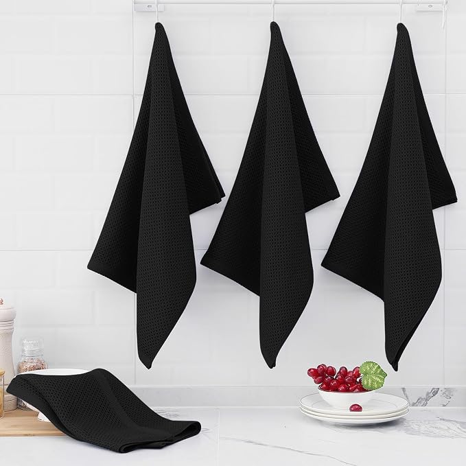 Homaxy 100% Cotton Oversized Waffle Weave Kitchen Towels 6-Pack, Black | 20 x 28 Inches, Ultra Soft Absorbent Dish Towels, Quick Drying Large Cleaning Towels
