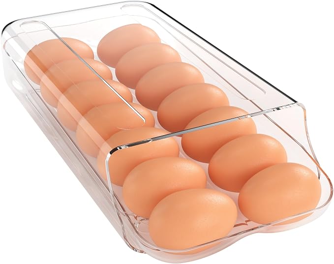 theaoo Egg Holder for Fridge, Automatic Rolling Egg Container, Clear, 1Pack | Quick Removable Inner Tray For Easy Egg Loading. Stackable Egg Dispenser For Refrigerator Storage and Organization