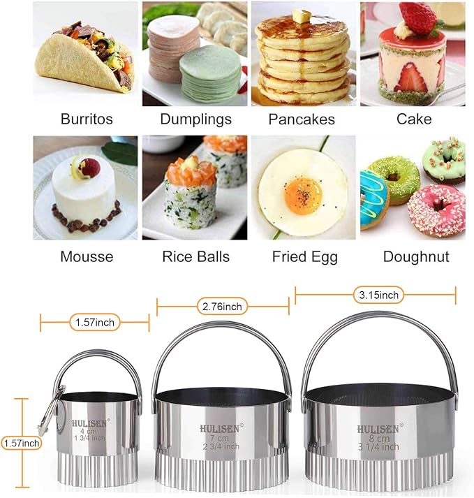 HULISEN Biscuit Cutter Set 3-Pc, Fluted Cookie Cutters with Handle | Stainless Steel, Dishwasher Safe, Etched inch/cm Markings, Gift-Ready Package, Ergonomic Arched Grip, Scones Linzer Cookies