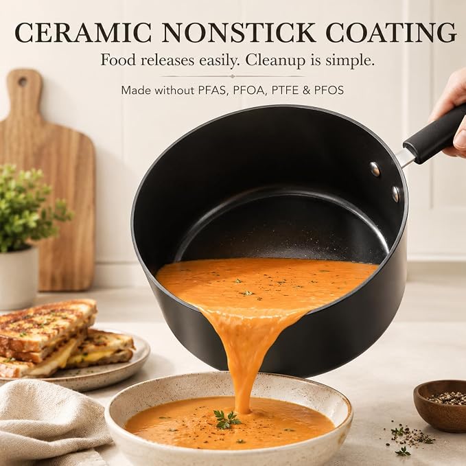 MICHELANGELO Nonstick Saucepan with Lid, Ceramic Sauce Pan Sets, Easy to Clean Sauce Pans, Multi-Purpose Cooking Pots, 4QT, Black