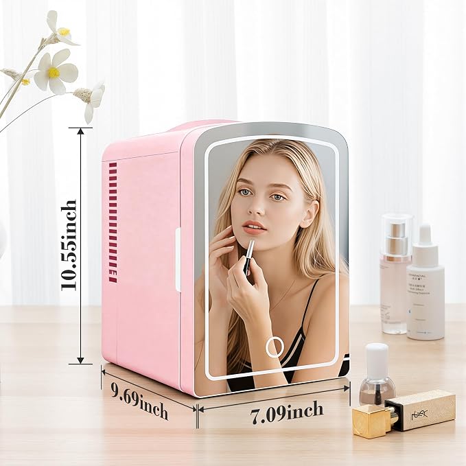 Mini Fridge, 4 Liter /6 Cans Makeup Fridge with Dimmable LED Mirror - Pink | Compact Mini Skincare Fridge for Beauty & Beverages, Dual-use Portable Tiny Fridge for Bedroom, Desk, Office, Home, Car, Gift