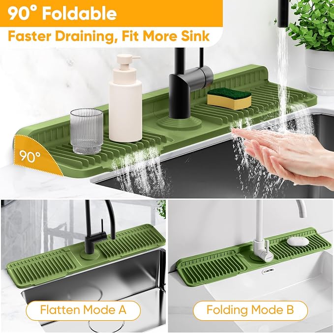 24'' Longer Faucet Mat for Kitchen Sink Splash Guard[7° Slope Fast Self-draining][Snap Lock Fit]Kitchen Sink Faucet Mat Splash Guard Kitchen Sink Area Water Splash Guard Behind Faucet Draining Mat