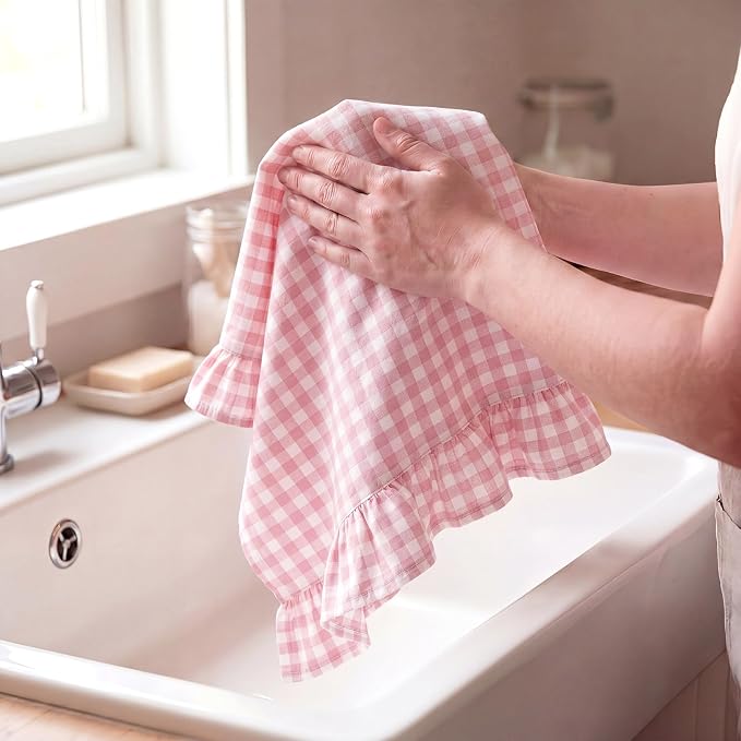 HunnmingRe 2 Pcs Light Pink Gingham Kitchen Towels Cotton Ruffled | Checked Dish Towels 18"x28" Tea Cloths Plaid Cottage Core Kitchen Decor for Farmhouse Charm Drying Dishes Entertaining Guests
