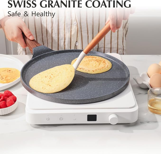 SENSARTE Nonstick Crepe Pan, Swiss Granite Coating Dosa Pan Pancake Flat Skillet Tawa Griddle 10-Inch with Stay-Cool Handle, Induction Compatible | Swiss Granite Coating Dosa Pan Pancake Flat Skillet Tawa Griddle with Stay-Cool Handle, Induction Compat...