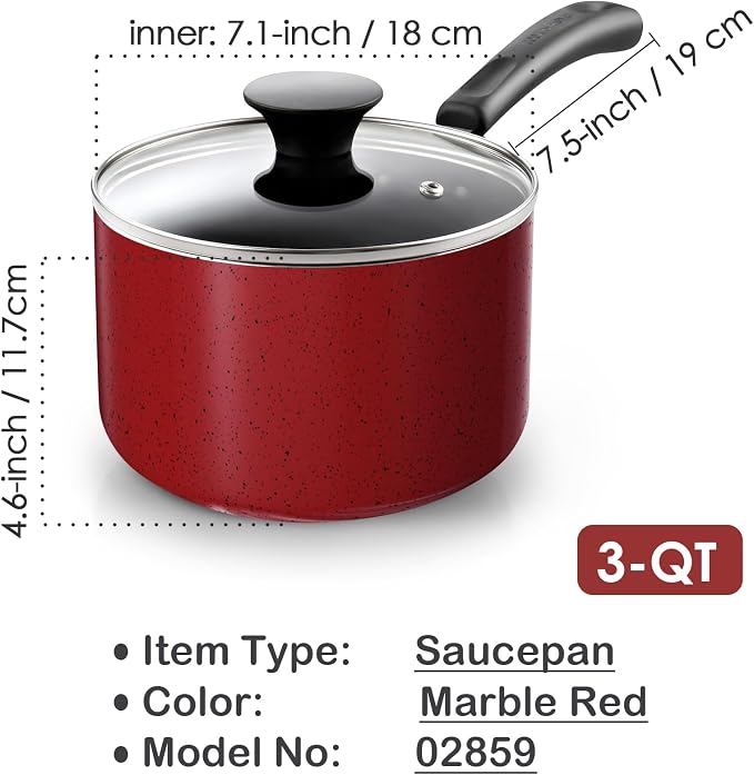 Cook N Home Basic 3 Quart Nonstick Saucepan with Glass Lid, Non Stick Aluminum Sauce Pan, Multi-Purpose Milk Chocolate Cooking Pot with Stay-Cool Handle, Marble Red | Non Stick Aluminum Sauce Pan, Multi-Purpose Milk Chocolate Cooking Pot with Stay-Cool...