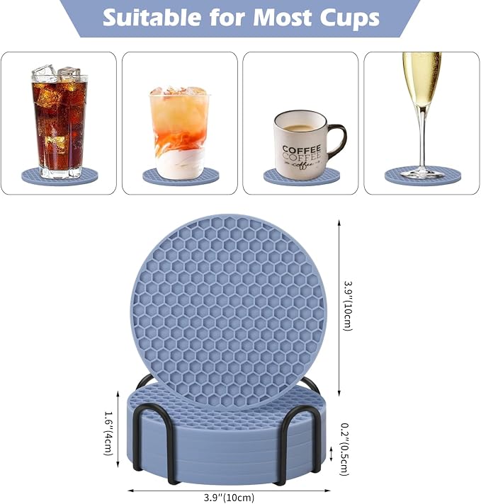 TWTLi Silicone Coasters Set of 6 with Holder — Non-Slip Drink Coasters for Coffee Table, Home Bar & Kitchen, Protects Wood & Marble Surfaces from Water Rings, Dishwasher Safe (Blue)