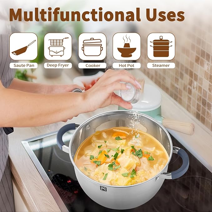 GOLDEN KEY 5.6 QT Steamer Pot with Lid,2-Tier Multipurpose 18/8 Steamer for Cooking with Vegetable Steam Basket for Vegetable,Soup, Seafood,Dumplings,Oven & Dishwasher Safe