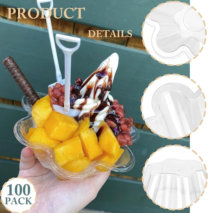 8 oz Plastic Dessert Cups with Spoons, 100ct | Clear Flower Shaped Party Sundae Serving Bowls, Parfait Appetizer Cups for Ice Cream, Nuts, Salad