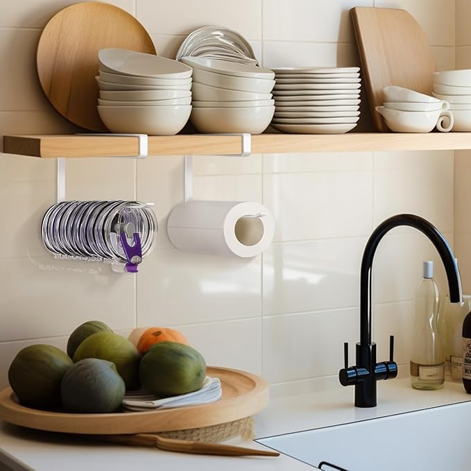 Tumbler Lid Organizer, Versatile Tumbler Lid Storage Holds 10 Lids, White | Space Saving Cup Lid Organizers Inside Cabinet Tumbler Lid Hook for Kitchen Organizer and Storage, Paper Towel Rack Hanger