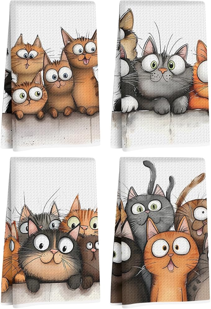 Jztco 4 Pcs Cute Cat Kitchen Towels, Cats Absorbent Hand Tea Towel | Cats Dish Cloths for Drying Dishes, Waffle Dish Towels for Kitchen Home Bathroom Decor, Cat Lover Gifts for Women Mom