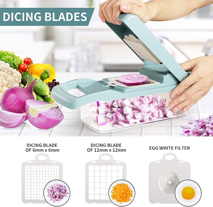 senbowe Ultra-Sharp 420-Grade Hardened Stainless Steel Onion Vegetable Chopper Dicer, 8 Interchangeable Blades, Includes Egg White Separator, Time Saver, 1 Year Warranty
