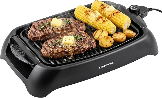 OVENTE Electric Indoor Grill, 13x10 Inch Non-Stick Plate, Black GD1632NLB | 1000W Fast Heat Up Power, Adjustable Temperature, Removable and Dishwasher Safe Grilling Plate and Drip Tray