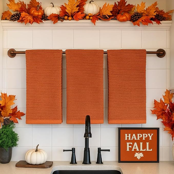 Burnt Orange Rust Kitchen Hand Dish Towels, Set of 3, 100% Cotton, 18x28 | Terry Loop Ribbed Textured, Soft & Absorbent Cleaning Cloth, Quick Dry, Multipurpose for Everyday Use