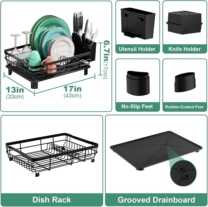 MOUKABAL Dish Drying Rack with Drainboard for Kitchen Counter, Black | 13×17 Large Capacity/Rustproof Stainless Steel/Fast Drainage Dish Drainer/Removable Utensil Holder/Kitchen Counter Organizer