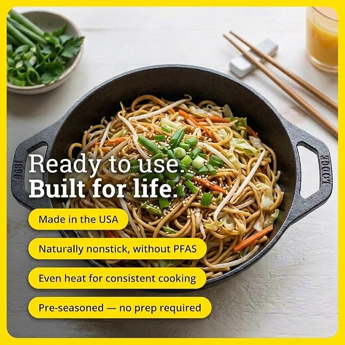 Lodge Cast Iron Mini Wok - Naturally Seasoned Stir Fry Pan with Dual Loop Handles - Compact Cast Iron Cookware for Searing, Serving & Everyday Cooking - 6.25 Inches