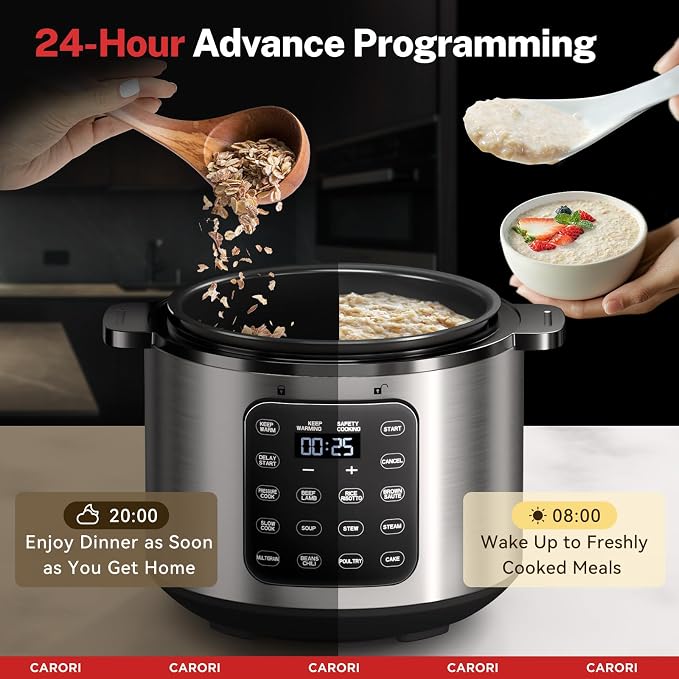 CARORI Electric Pressure Cooker 6 Quart Silver, Non-stick Pot, 9-in-1 Instant Pot, 12 Preset Functions with Touchscreen, Safe Steam Release, Stew, Slow Cook, Rice, Sauté, Warmer