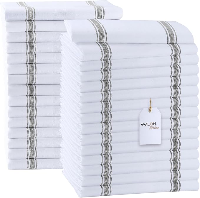 Dish Towels 30 Pack Grey Stripe 100% Cotton Kitchen Towel 15x25 Inch Tea Towels, Dish Cloths for Washing Dishes, Kitchen Rags for Drying Dishes
