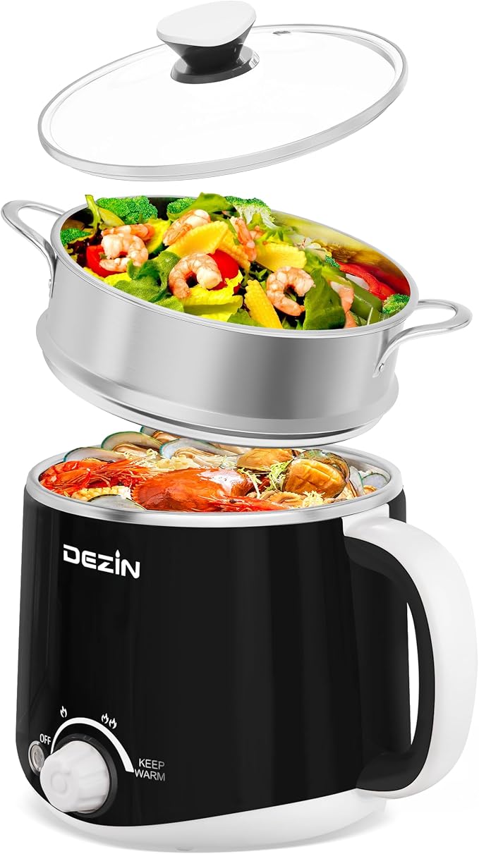 Dezin Hot Pot Electric with Steamer, 1.6L Stainless Steel Electric Pot | Rapid Noodle Cooker, Dual Temp Control & Keep Warm, for Ramen, Egg, Dumpling, Soup & Oatmeal, Ideal for Dorm & Office