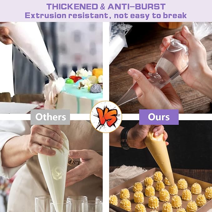 firstake Disposable Piping Bags 16 Inch 100 Pcs, Thickened for Cake Décor | Food Grade PE, Clear & Thickened, Anti-Burst, 100 Pcs + 6 Tips + 2 Couplers, for Cookies, Deviled Eggs, Cupcakes