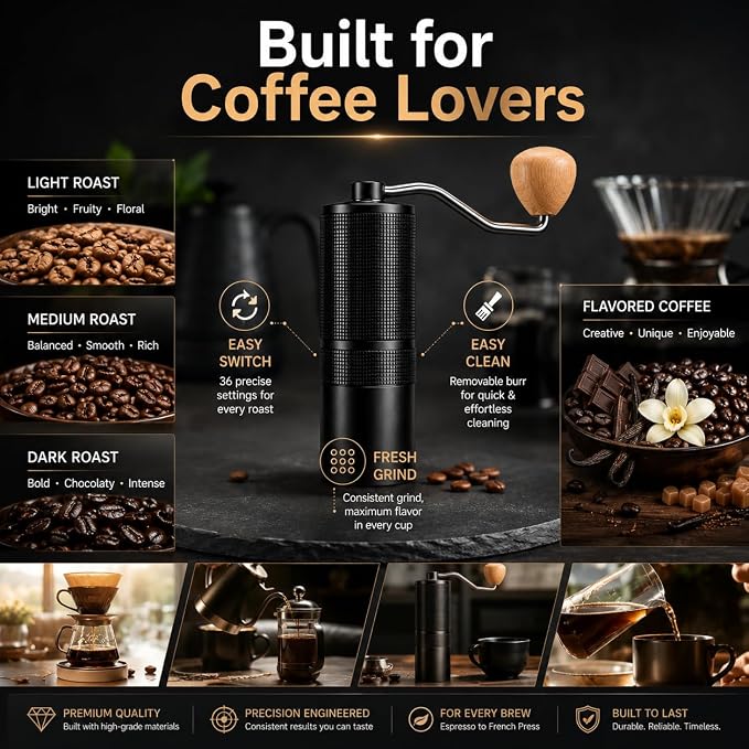 C38 Manual Coffee Grinder with Removable 38mm CNC Stainless Steel Burr, All-Metal Hand Coffee Grinder with 36+ Adjustable Grind Settings for Espresso, Pour Over, French Press & Travel