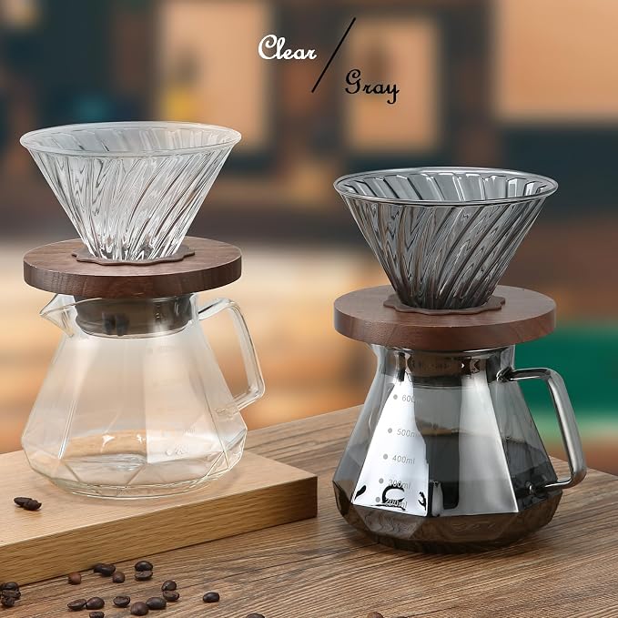 Lalord Pour Over Coffee Maker, 20 oz Borosilicate Glass Carafe with 100 pcs Paper Filter, Walnut Handle & Glass Lid, Drip Coffee Maker for Home Café Restaurant Camping, 600 ml, Gray