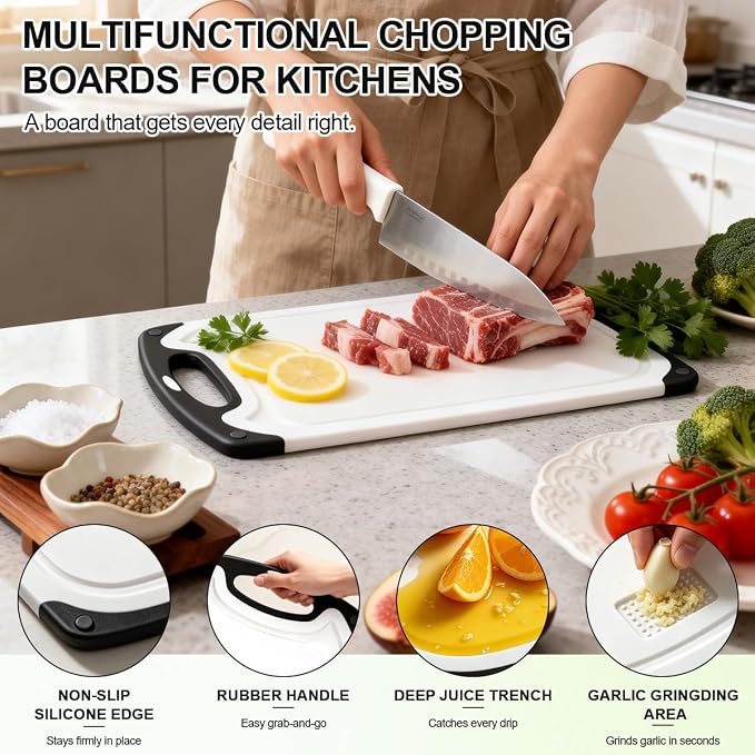 Viretang Dishwasher Safe Cutting Board for Kitchen, 3 Pieces, Grinding Area | Plastic Cutting Boards with Juice Grooves, Easy Grip Handle, Non-Slip, Non BPA, White(15.6x9.4/12.4x7.8/9.6x5.7 inch)