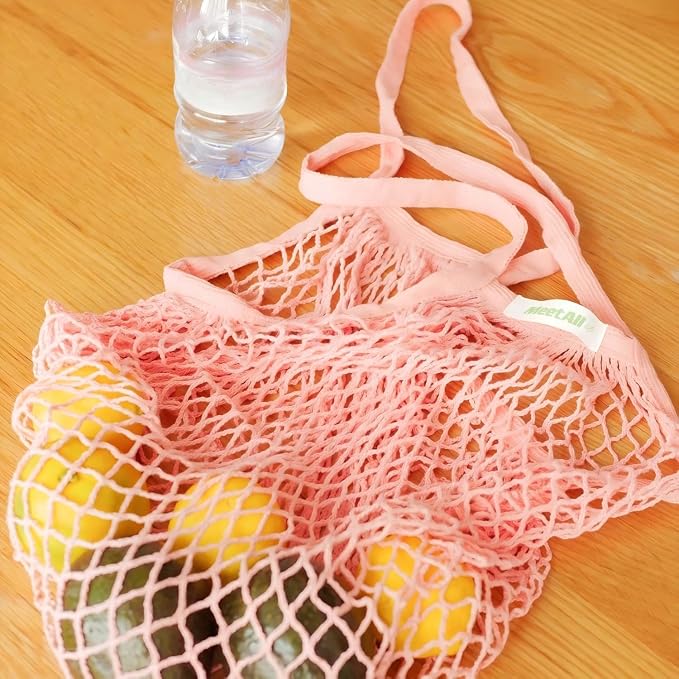 meetall Mesh Grocery Bags, Reusable Tote Bags with Sturdy Long Handles, Washable Eco Friendly Cotton String Net, for Shopping & Produce Storage, 5 Pack 5 Colors (Off White/Pink/Blue/Red/Black)