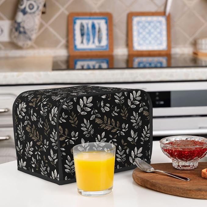 2 Slice Toaster Cover Boho Black Leaf Pattern Dust Proof Washable Kitchen Appliance Cover with Pocket, Oxford Fabric Countertop Toaster Protector for Standard Toasters Small Appliances