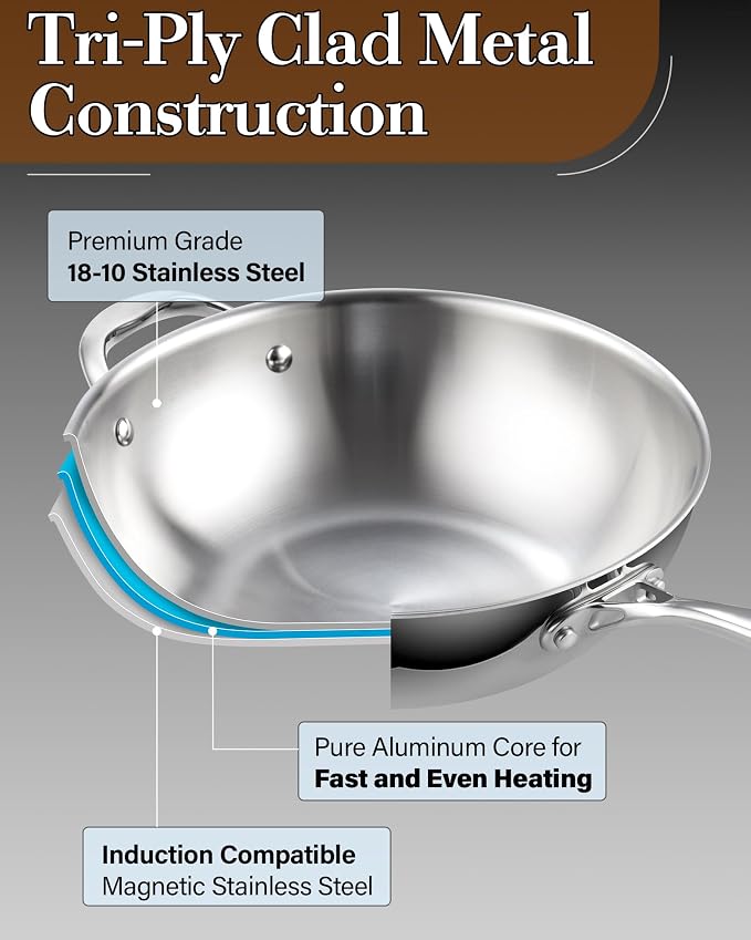 Cooks Standard Multi-Ply Clad 12 Inch Stainless Steel Wok Pan, Stir Fry Pan with Glass Lid, Induction Cookware, Dishwasher & Oven Safe, Compatible with All Cooktops