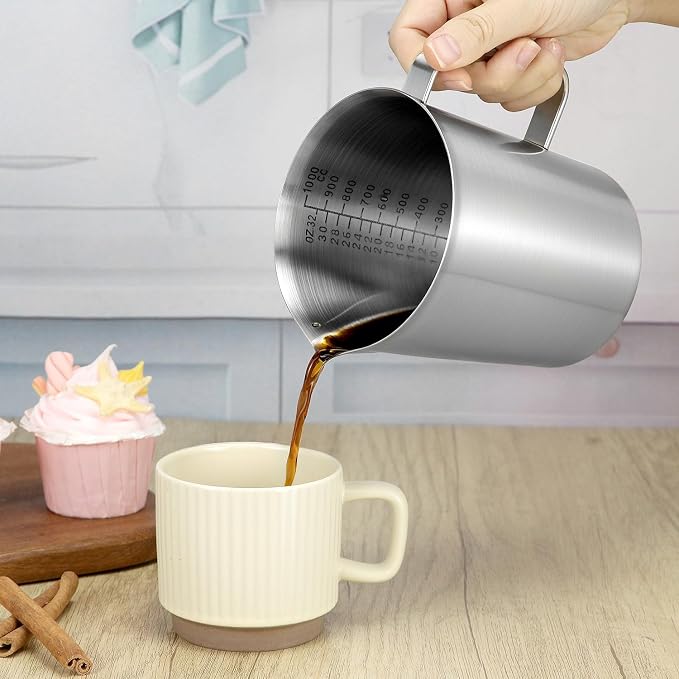 QWORK 304 Stainless Steel Measuring Cup 32 OZ with OZ/ML Graduations, 4 Cup Kitchen Mixing Pitcher, Precision Engraved Markings, Container for Baking and Frothing, 1 Liter