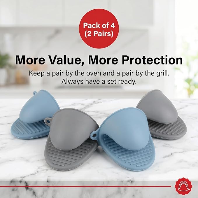 Silicone Kitchen Oven Mitts Set, Finger Protector Cooking Pinch Grips Pot Holder Toaster Hot Plate Gripper Oven Accessories,BBQ Baking Mittens Heat Resistant Gloves,2 Pairs（Nordic Blue Gray）
