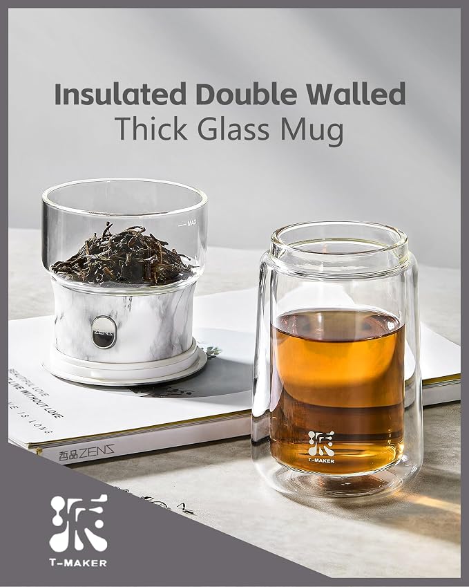 ZENS Modern One Touch Tea Maker, Glass Tea Infuser Pot for Loose Leaf Tea | Magic Teapot, Modern Tea Diffusers with 9oz Insulated Mug and Portable Bag for Tea Lovers Gifts, Marble